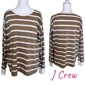 J. Crew Tan and Cream Striped Long Sleeve Lightweight Cotton Tee Sz Large